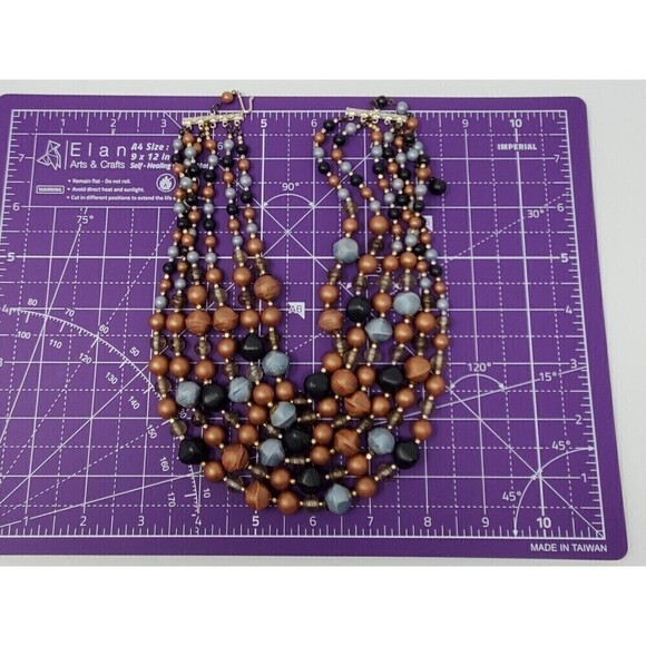 VINTAGE JAPAN SIX STRAND BEADED NECKLACE COPPER BRONZE BROWN BLUE HOOK CLOSURE - Picture 11 of 12